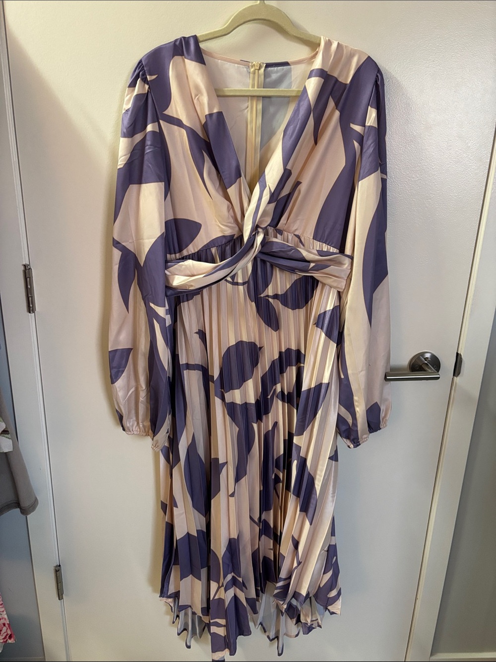Long sleeve formal purple and cream maxi dress with Asymmetrical hemline